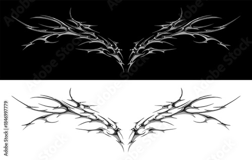 3D chrome tribal with sharp metallic spikes on. Aggressive Y2K graphic for streetwear prints, urban fashion branding, futuristic apparel designs and digital tattoo visuals