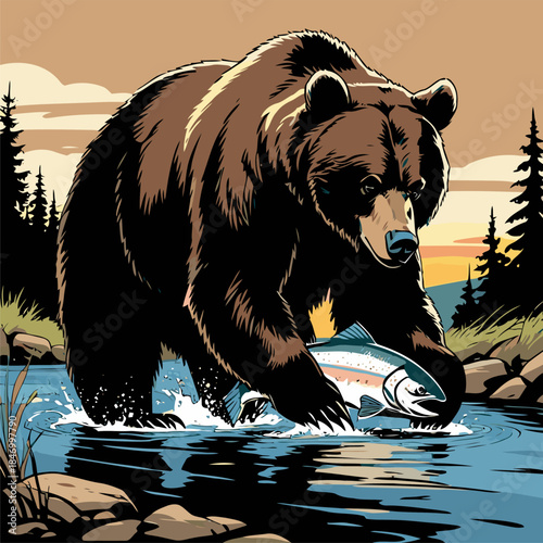 grizzly bear vector illustration in american comic style