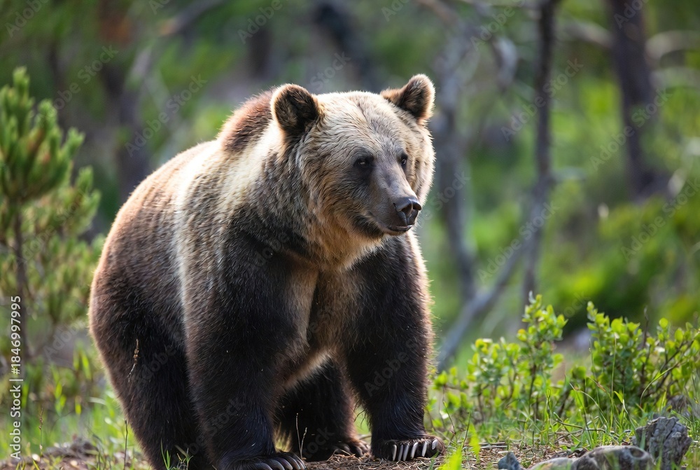 Fototapeta premium Majestic brown bear standing alert in a sunlit forest wilderness, observing its surroundings