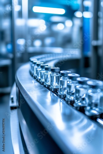 Bottles of Vaccine Moving Along Conveyor Belt in Pharmaceutical Facility
