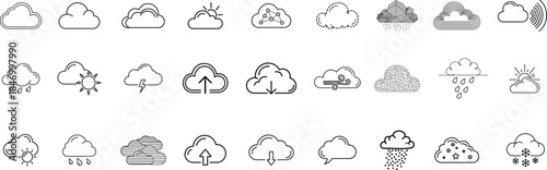 Minimalist Outline Weather Icon Set: Vector Collection of Cloud, Sun, Rain, Snow, Storm, Wind, Upload & Download Symbols for UI/UX Design & Forecast Apps