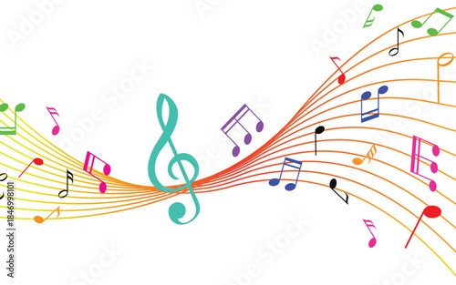 Music notes wave isolated, musical notes background. Musical note wave. Music notes melody on white background. 