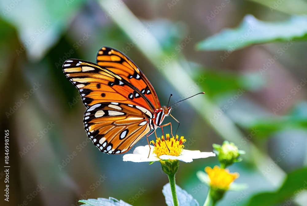 Obraz premium A vibrant orange butterfly delicately sips nectar from a white and yellow flower in nature