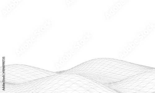 Abstract Wireframe Wave Landscape on White Background, Futuristic Technology Grid Design