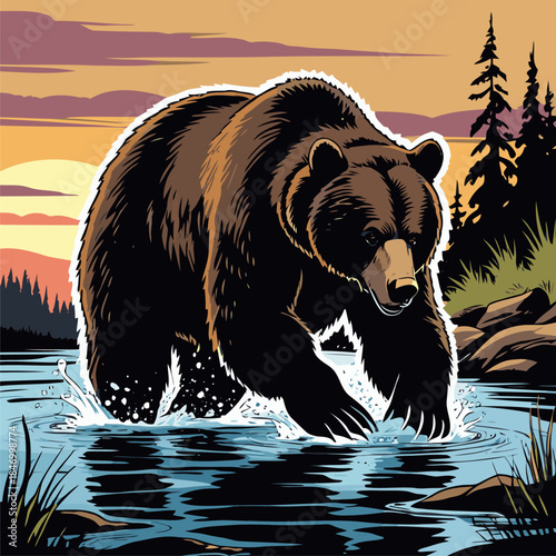 grizzly bear vector illustration in american comic style