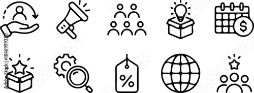 marketing black line icons set vector design illustration 