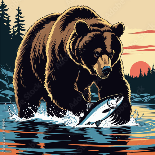 grizzly bear vector illustration in american comic style