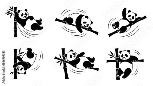 This illustration features a cute and funny panda character playfully moving, sliding, and relaxing on bamboo branches, presented as a pure black silhouette cartoon on a clean white background. The ar
