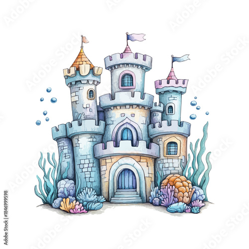 underwater castle hand drawn vector illustration