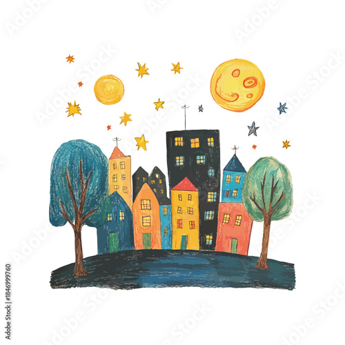 urban scene at night drawn vector illustration