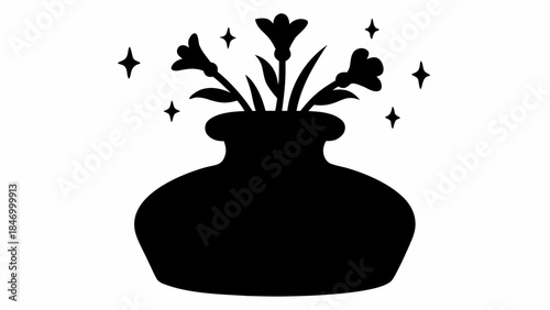 Stylized Silhouette of a Mystical Potion Bottle with Freesia Flowers, Perfect for Fantasy and Herbal Elixir Concepts