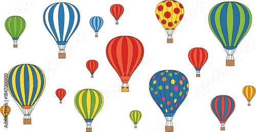 Collection of Colorful Hot Air Balloons Floating in the Sky Illustration
