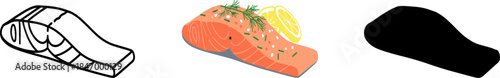 Raw or Cooked Salmon Fillet Steak with Dill and Lemon Illustration