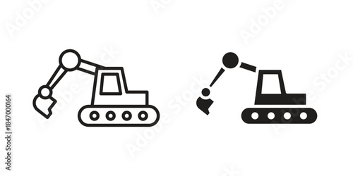 Excavator icon element in flat simple style. Thin stroke editable icons
