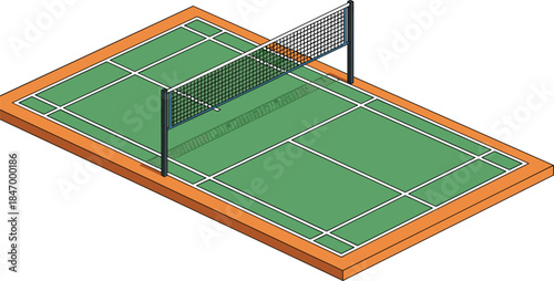Isometric badminton court with net and markings, green field layout, vector illustration, sports setup, game design, athletic competition theme
