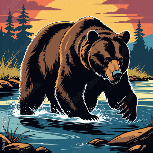 grizzly bear vector illustration in american comic style