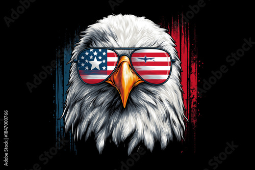 Patriotic Bald Eagle Wearing American Flag Sunglasses on Black Background (PNG 8640×5760)