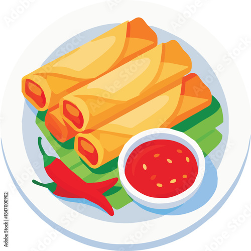 Stylized vector art of crispy Asian spring rolls (Lumpia) served on a plate with chili peppers and a red sweet chili dipping sauce.