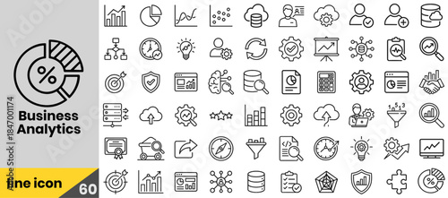 Business Analytics Line Icons Set – 60 Data Analysis, Finance, Marketing, Strategy, and Management Outline Symbols