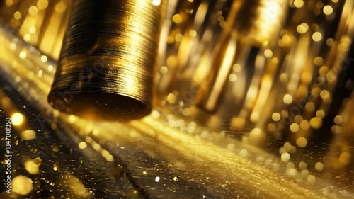 Golden metallic cylinder in a glittering, blurry background