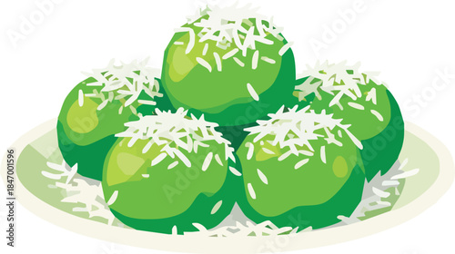 Stylized vector art of five bright green Klepon (Indonesian/Malay sweet rice cake balls) topped with fresh coconut shreds, on a white plate against a soft green background.
