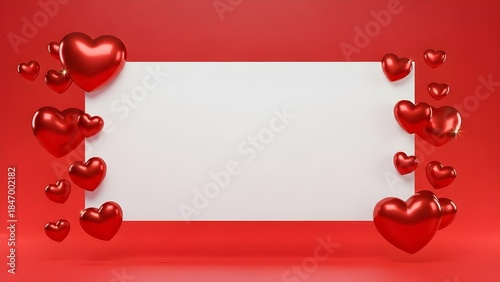 Vibrant red background adorned with glossy heart balloons, creating a beautiful frame around a blank white space, ideal for expressing love, greetings, or romantic messages on special occasions
