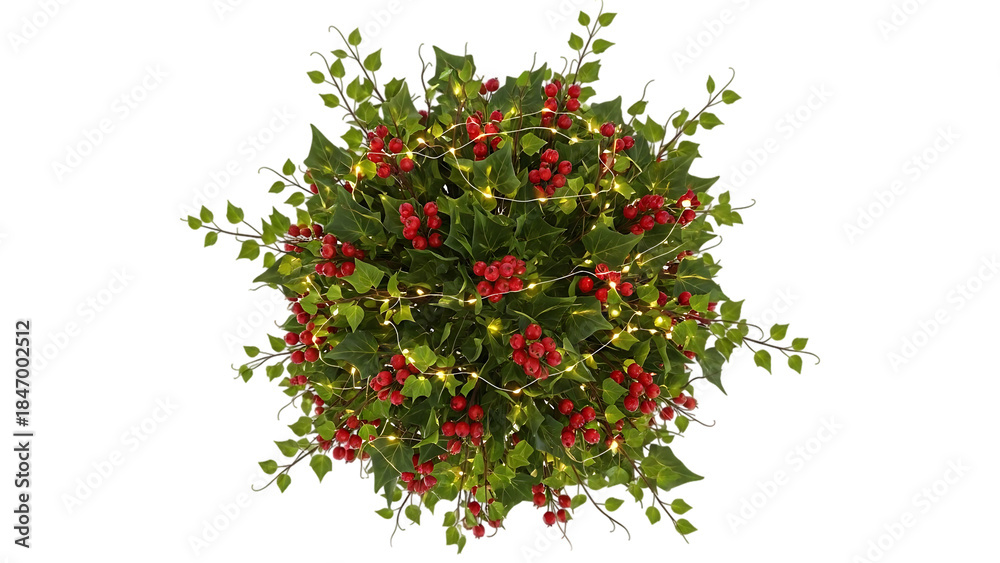 Fototapeta premium Overhead view of a festive holly arrangement with glowing string lights
