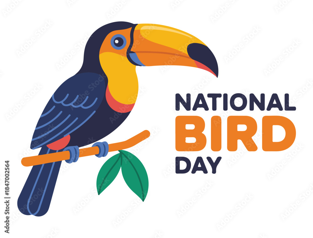 Obraz premium Toucan Perched on Branch Celebrating National Bird Day on a White Background