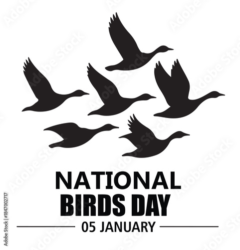 Black Birds Flying on National Birds Day January 5th on a White Background