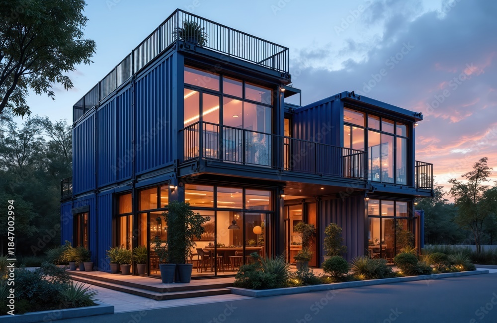 Obraz premium Modern modular building made of shipping containers. Features glass walls, balconies, rooftop terrace. Eco friendly design with ambient lighting at twilight. Offers commercial retail, office spaces.