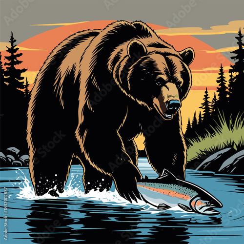 grizzly bear vector illustration in american comic style