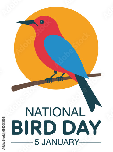 Red Bird Perched on Branch National Bird Day January 5 on a White Background