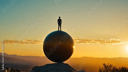Silhouette figure atop large sphere at sunset