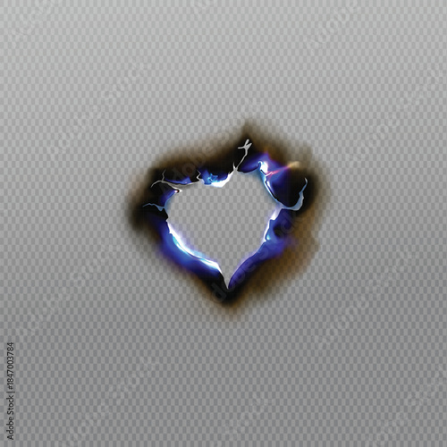 Heart shaped hole burned through paper with glowing blue electric energy and dark charred edges