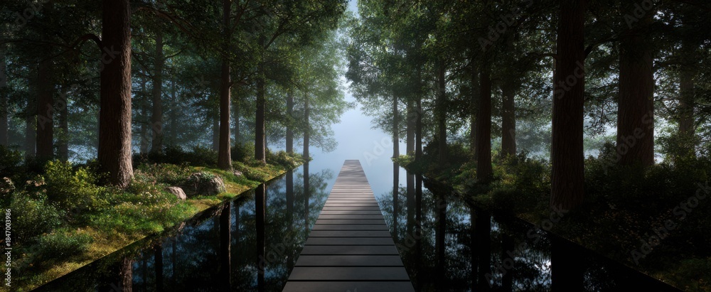 Fototapeta premium The solitary walkway dances like a ribbon through towering trees whispering secrets.