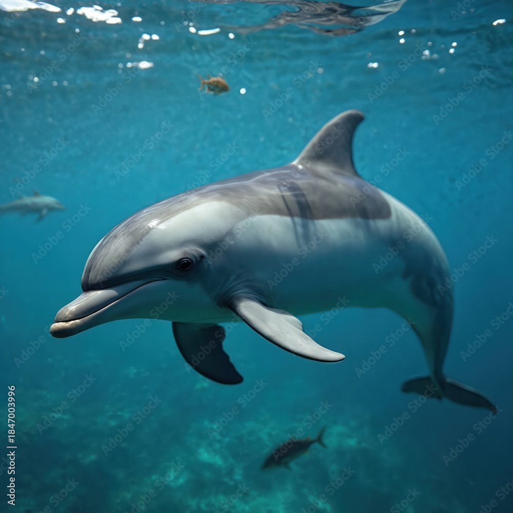 Obraz premium Gray dolphin swims in clear blue ocean water near small fish. Another dolphin is visible in background ocean depths. Underwater scene in tropical sea, wildlife marine animal.