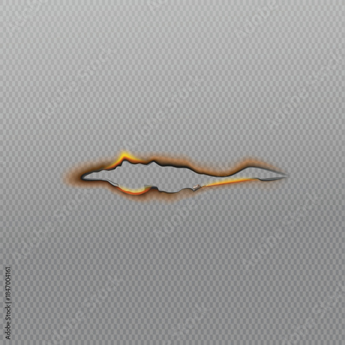 Realistic horizontal hole burned through gray textured material with glowing orange edges and smoke