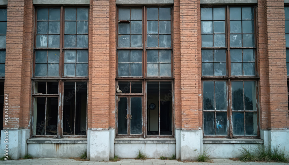 Fototapeta premium Facade of old industrial building with broken windows. Weathered brick walls and abandoned design show a vintage aesthetic. This photo evokes nostalgia for urban exploration