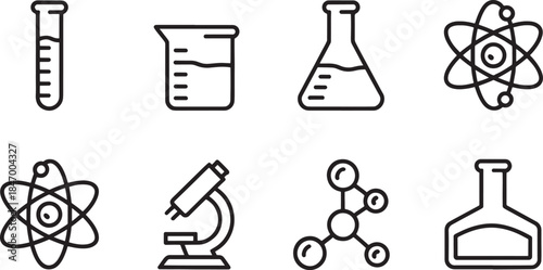 Minimal Laboratory and Science Icon Set with Test Tubes, Microscope, Chemistry Flasks and Molecular Structure Line Icons