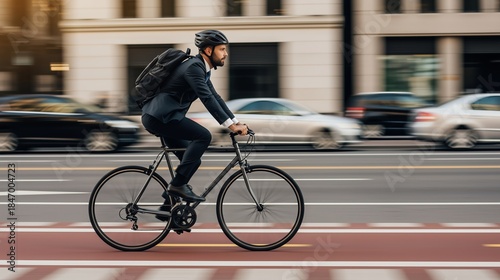 Businessman cycling fast on city bike lane beside moving traffic, going office work by bike riding bicycle morning city road. Healthy ecology lifestyle cycling transport bicyclist
