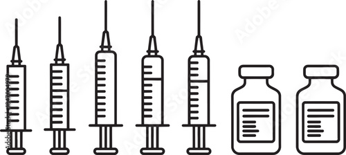 Syringe and Medicine Vial Icon Set in Black Line Style for Medical, Vaccine and Healthcare Design