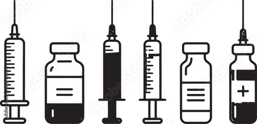 Syringe and Medicine Vial Icon Set in Black Line Style for Medical, Vaccine and Healthcare Design