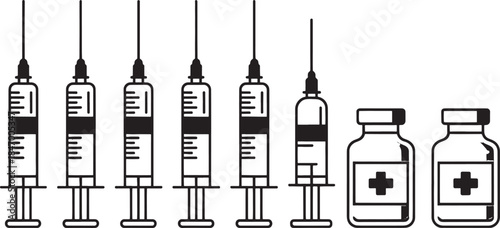 Syringe and Medicine Vial Icon Set in Black Line Style for Medical, Vaccine and Healthcare Design