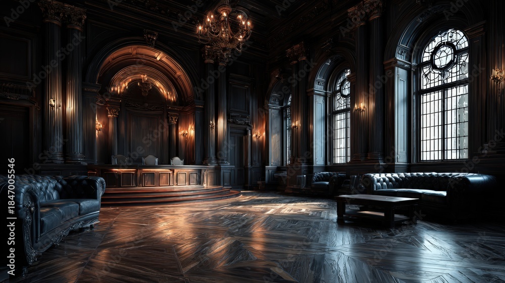 Fototapeta premium Empty american style courtroom with judge's bench and tables before civil case hearing in courthouse with grand wooden interior