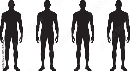 Male Human Body Silhouette Set with Front, Side and Back Views on White Background