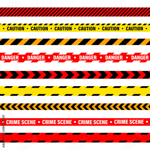 Barricade construction tape. Colorful police warning line, brightly colored danger or hazard stripe, ribbon. Restricted area, zone. Attention symbol. Vector illustration
