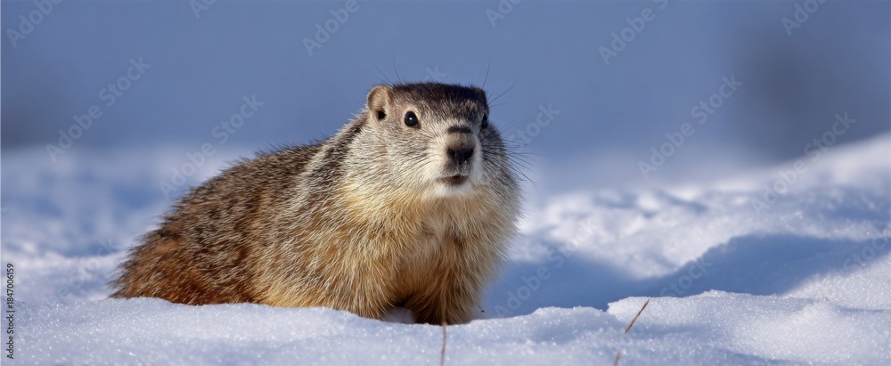 Fototapeta premium Groundhog spots shadow in snowy field standing alone beneath soft morning light.