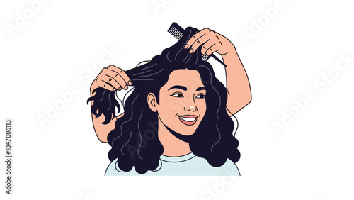 Young woman with dark curly hair is happily combing through her locks, showcasing a self-care routine and healthy hair maintenance.
