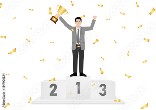 Businessman Holding Trophy on Sport Podium. Goal Achievement and Business Success Concept. Vector Illustration.