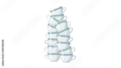 A precarious stack of white teacups with green and blue stripes demonstrates instability and the potential for a chaotic spill.